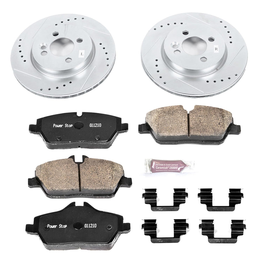 Power Stop K6066 Z23 Carbon Fiber Brake Pads Front with Drilled & Slotted Brake Rotors Kit and 1 Front Sensor Wire For Mini Cooper 2007-2010 [Model Specific]