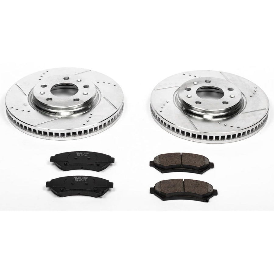 Power Stop K2975 Z23 Carbon Fiber Brake Pads Front with Drilled & Slotted Brake Rotors Kit For Cadillac Seville 2003-2004 [Model Specific]