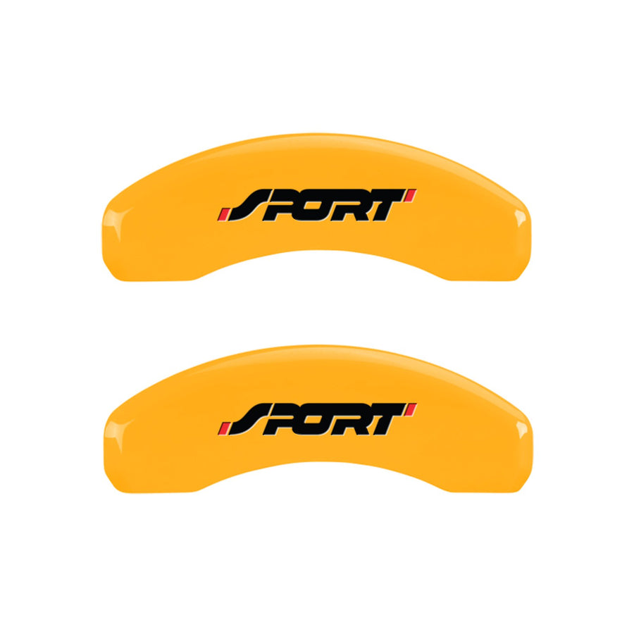 Caliper Covers MGP 10119SSP1YL Yellow (Set of 4, Engraved Front and Rear: No bolts/Sport, Yellow powder coat finish, black characters)