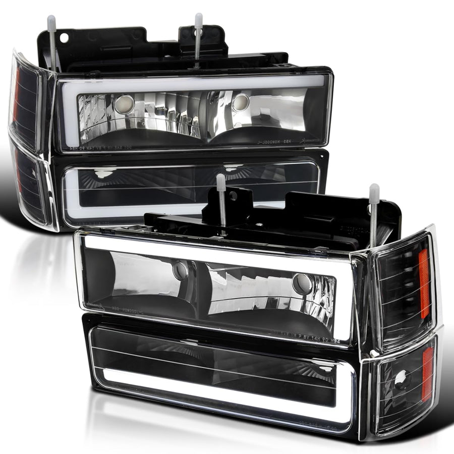 Black Headlights + Corner Lights + Bumper Lights w/LED Tube SPEC-D TUNING Compatible with 1994-1998 Chevy C10 C/K Tahoe Suburban