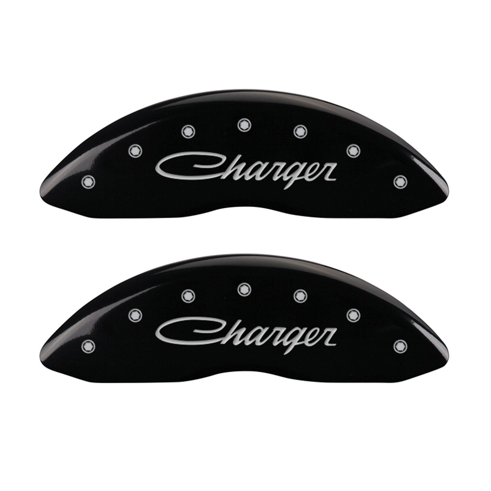 MGP Caliper Covers with Compatible 2011-2023 Dodge Charger and Challenger (Requires 18"+ Wheels & Single Piston Front Caliper) 4 PCS Front and Rear (Black - Charger Cursive Engraving)