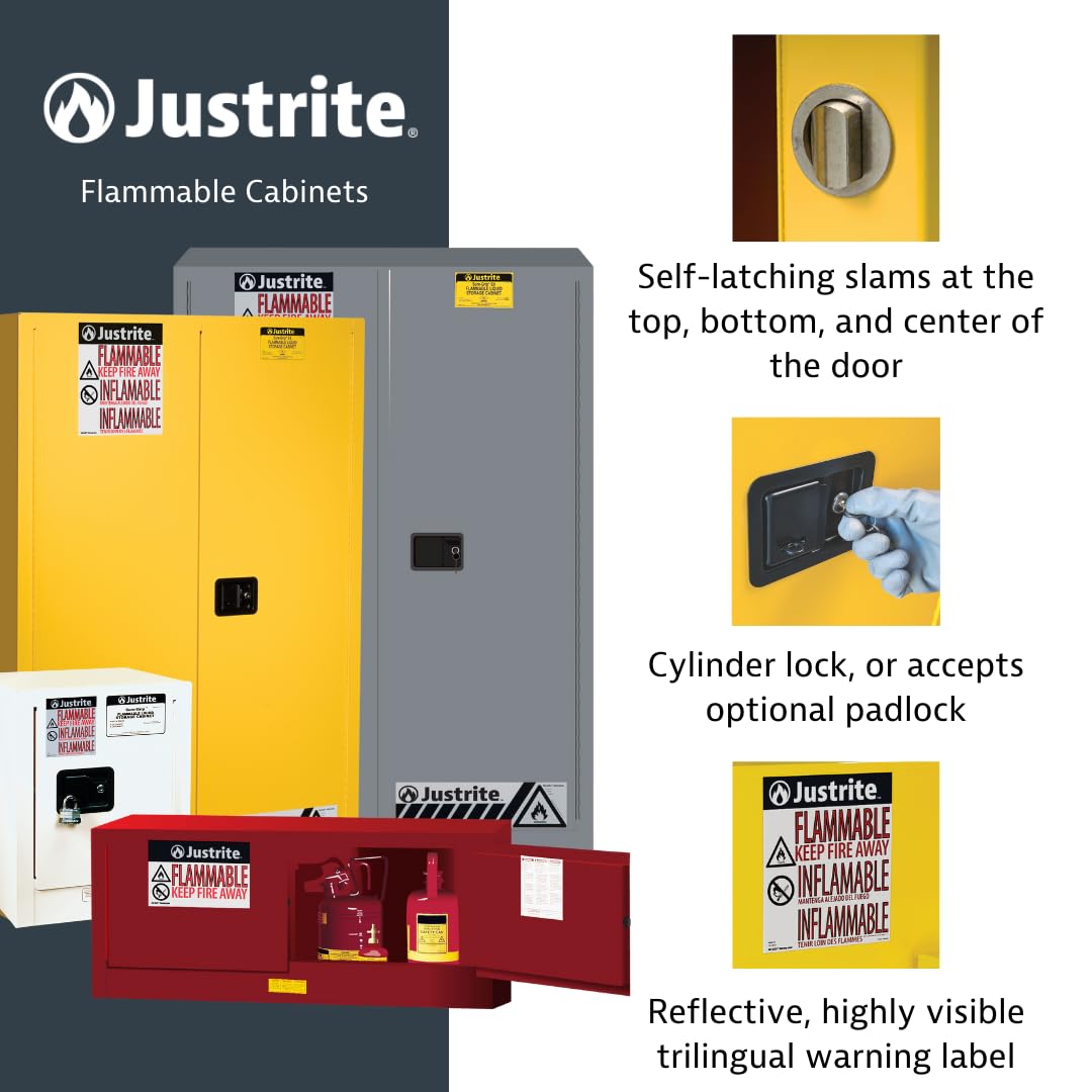 Justrite 45 Gallon Flammable Storage Cabinet Manual Close, 18 Gauge Steel, 2 Shelves, 2 Door Fire Cabinet, 65" x 43" x 18", Made in The USA, White, 894505