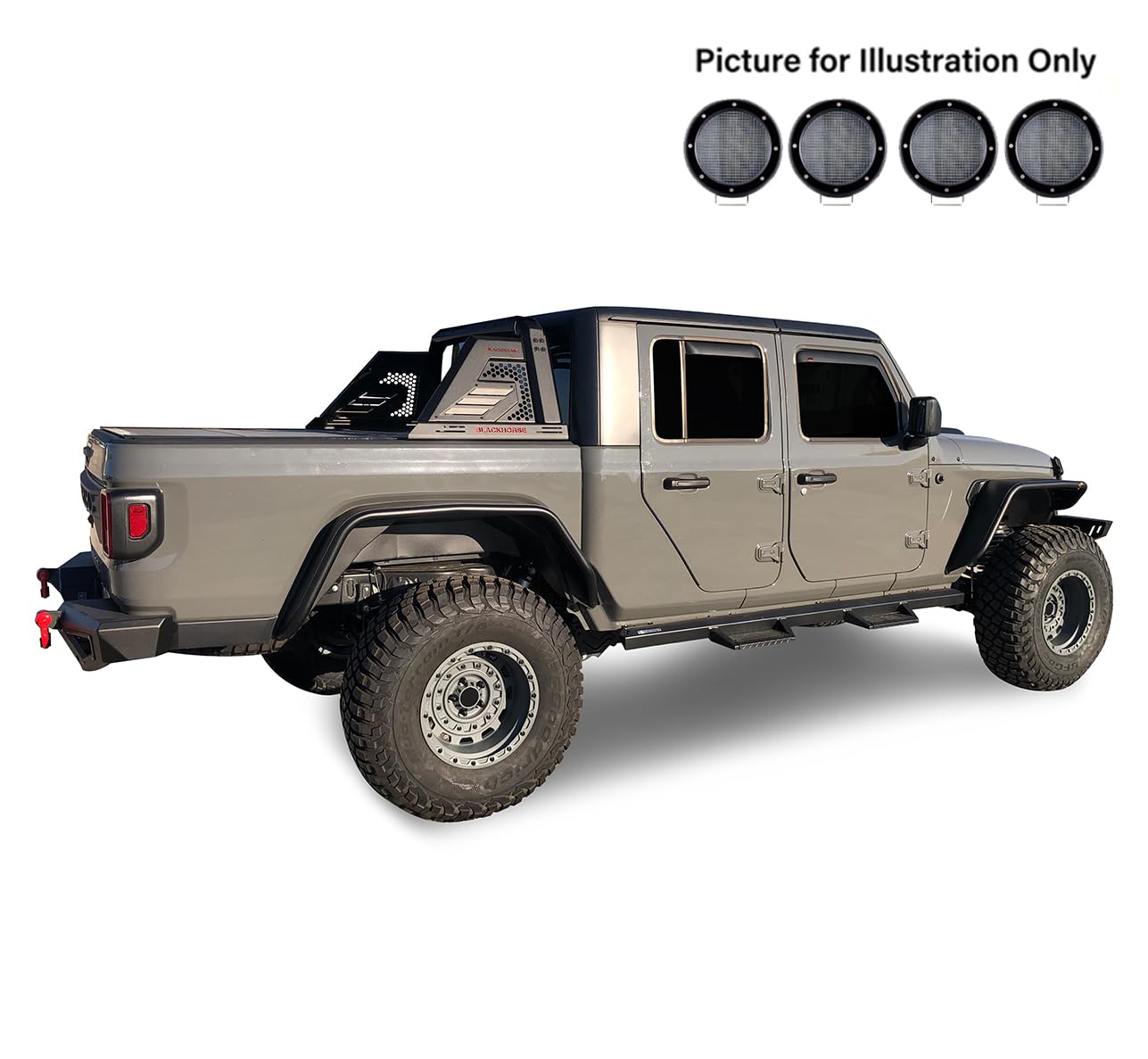 Armour II Black Horse Roll Bar Incl. Set of 5.3" Dia.LED Lights w/Black Trim Rings Compatible with 2019-2024 Jeep Gladiator-AR2-09B-PLFB