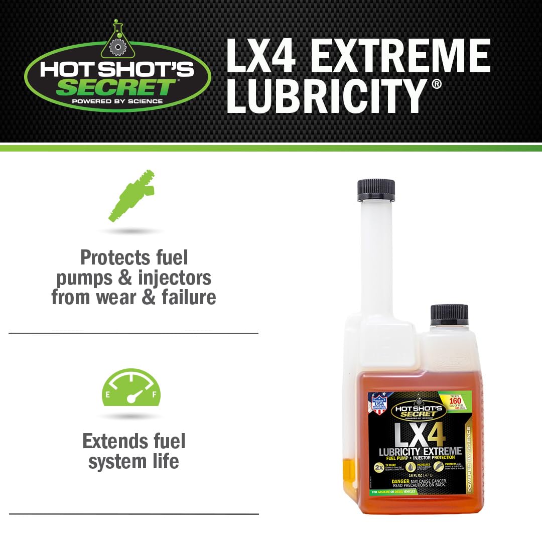 LX4 Hot Shot's Secret Lubricity Extreme– 16oz - Fuel System Protection– Lubricates and Protects Fuel Pump and Injectors– Prevents Wear and Damage – For Gasoline or Diesel Engines, Packaging May Vary