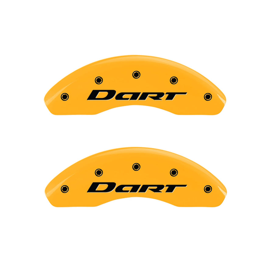 Caliper Covers MGP 12199SDR1YL, Set of 4 (Yellow Engraved Front and Rear: with Out Stripes/Dart Powder Coat Finish Black Characters)