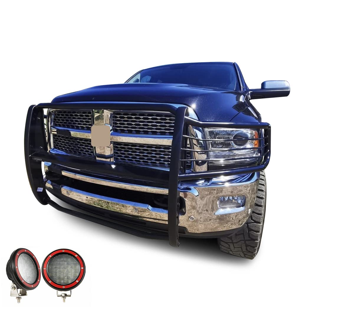 Grille Brush Black Horse Bumper Guard Modular Black Come with Pair of 5.3" Dia.LED Lights with Red Trim Rings Compatible with 2010-2018 Ram 2500|2011-2018 Ram 3500-17DR01MA-PLFR