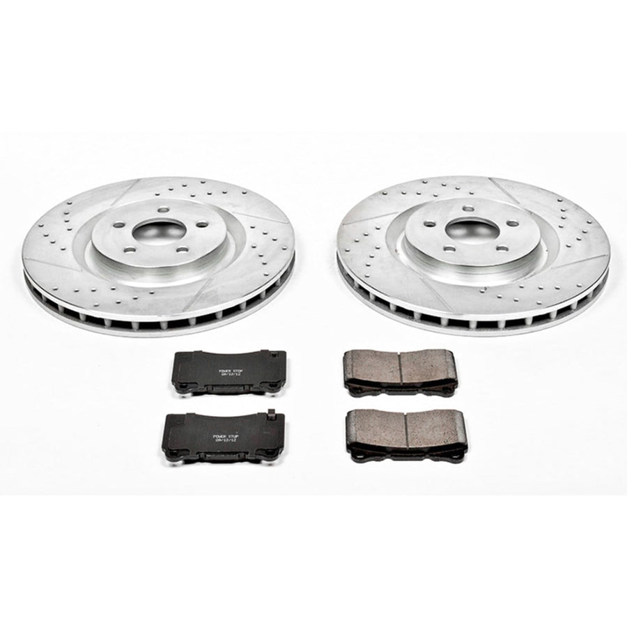 Power Stop K4547 Z23 Carbon Fiber Brake Pads Front with Drilled & Slotted Brake Rotors Kit For Ford Mustang 2007-2014 [Model Specific]