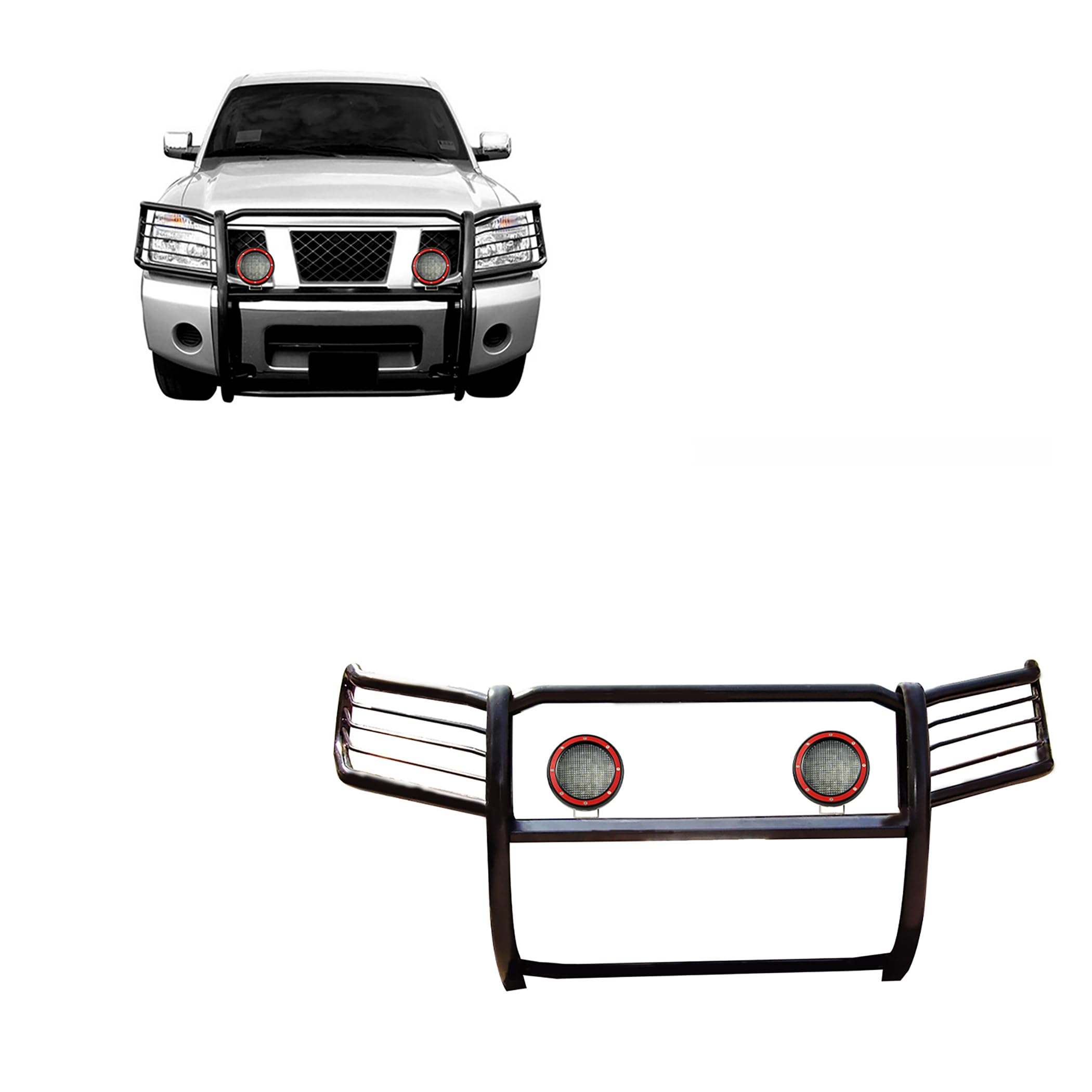 Bumper Guard Black Horse Grille brush Modular Come With Pair of 5.3" Dia.LED Lights with Red Trim Rings Compatible with 2005-2015 Armada|2004-2015 Titan Crew Cab&King Cab-17NR26MA-PLFR