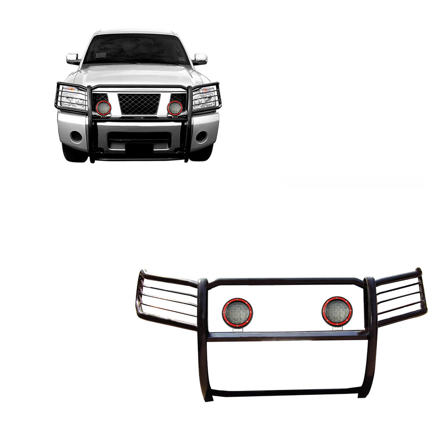Bumper Guard Black Horse Grille brush Modular Come With Pair of 5.3" Dia.LED Lights with Red Trim Rings Compatible with 2005-2015 Armada|2004-2015 Titan Crew Cab&King Cab-17NR26MA-PLFR