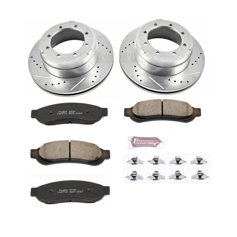 Power Stop K4593 Z23 Carbon Fiber Brake Pads Rear with Drilled & Slotted Brake Rotors Kit For Ford F-350 Super Duty 2005-2010 [Model Specific]