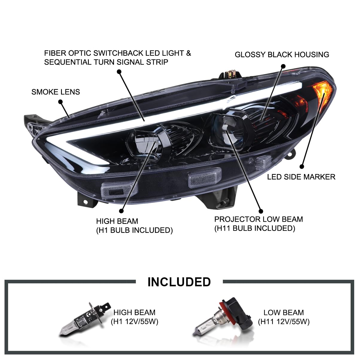 Black Smoke SPEC-D TUNING Projector Headlights w/Sequential Switchback LED Tube Signal Compatible with 2013-2016 Ford Fusion, Left + Right Pair Headlamp Assembly