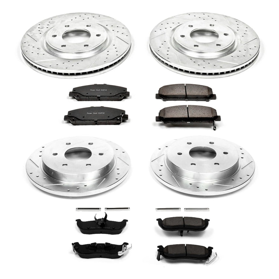 Power Stop K2805 Z23 Carbon Fiber Brake Pads Front and Rear with Drilled & Slotted Brake Rotors Kit