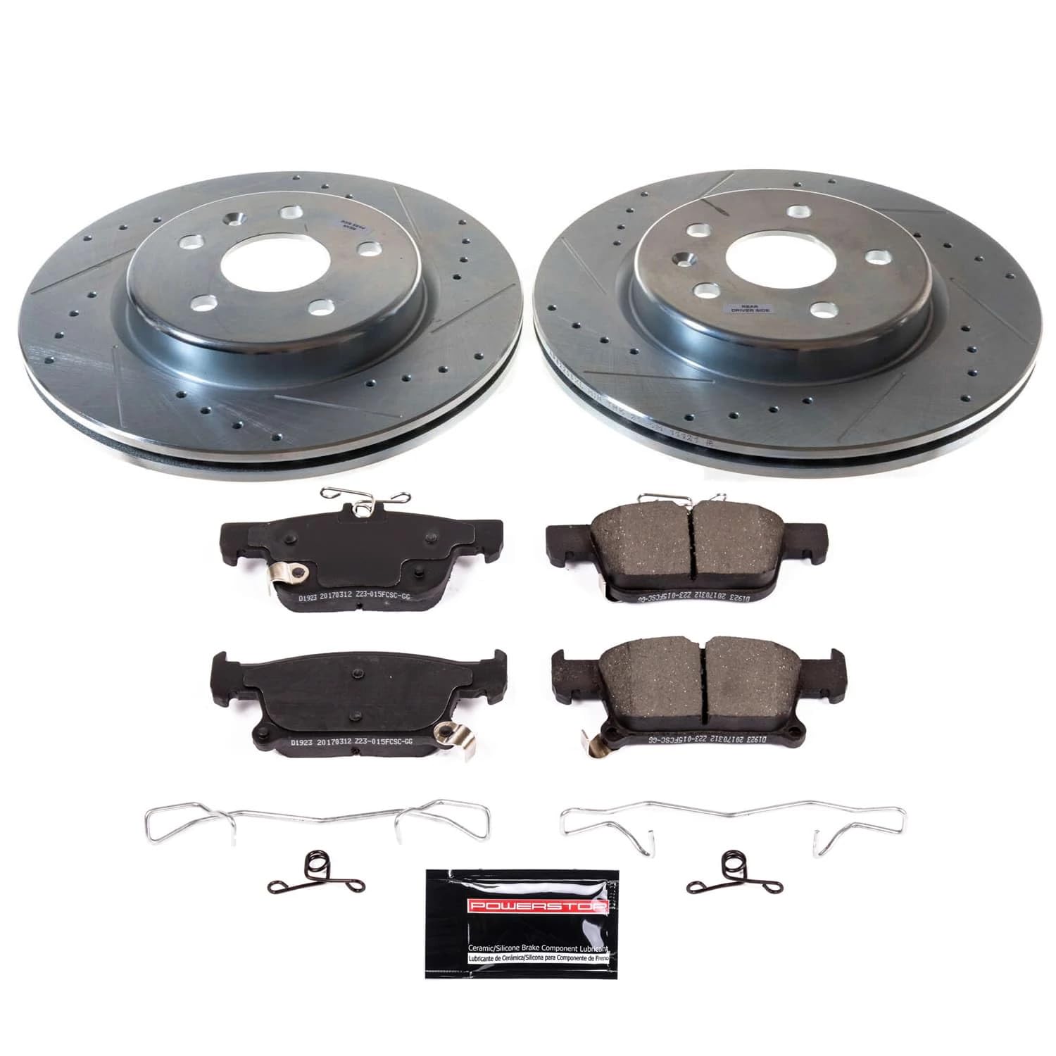 Rear POWERSTOP Z23 Carbon-Fiber Ceramic Brake Pads and Drilled and Slotted Rotors Brake Kit For Buick Envision 2019-2020 [Vehicle Specific]