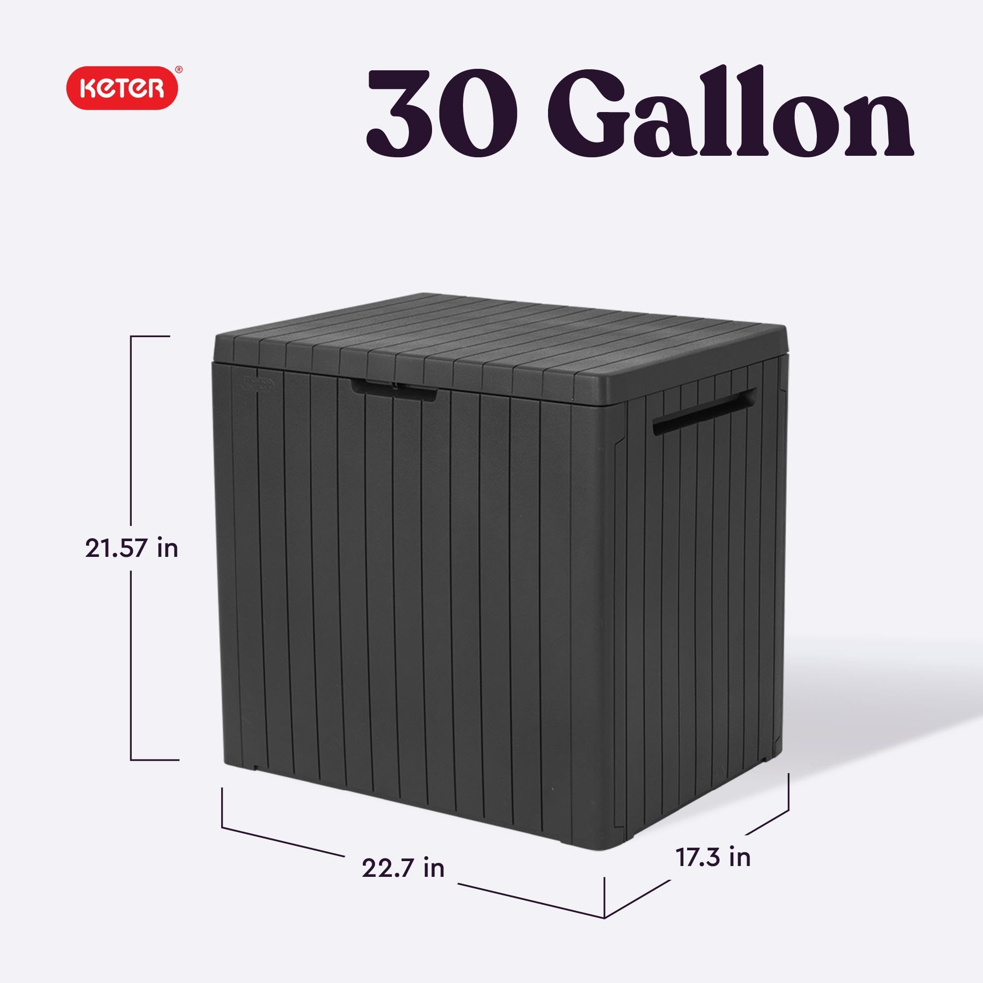 Keter 30 Gallon Resin Outdoor Storage Box and Patio Furniture Side Table for Pool and Garden Accessories, Dark Grey