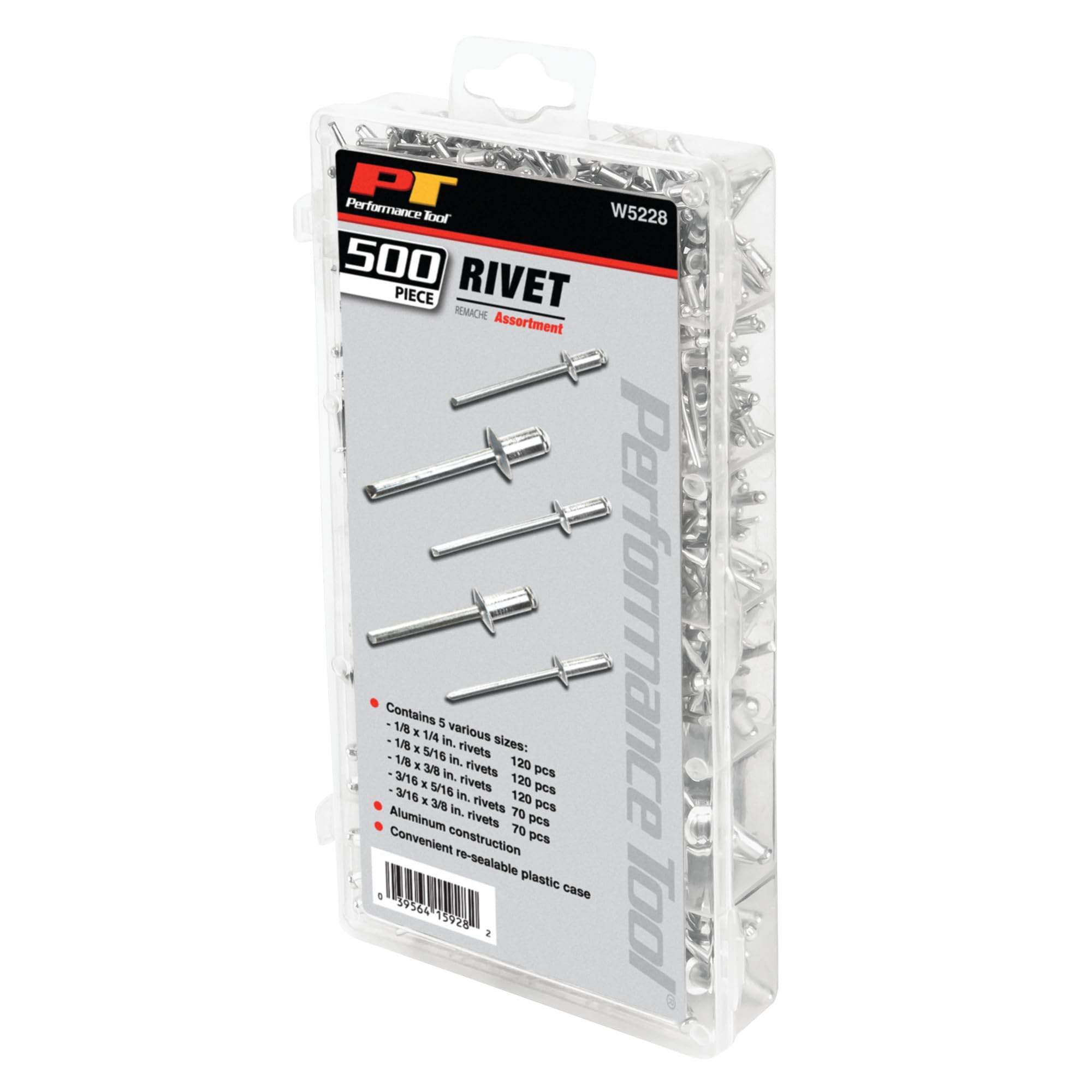 W5228 Performance Tool Aluminum Rivet Assortment Tool Set in a Re-Sealable Plastic Case, (500-Piece)