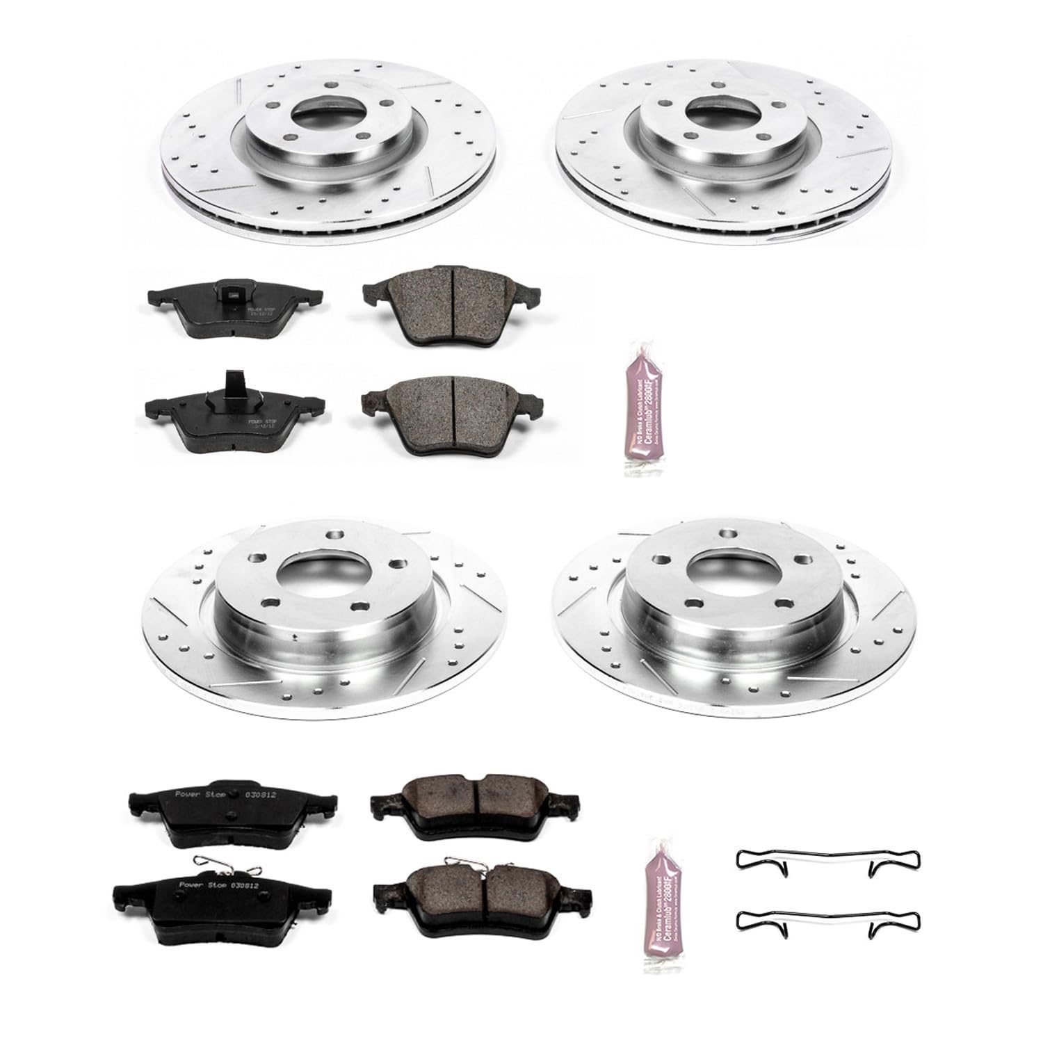 Power Stop K4056 Z23 Carbon Fiber Brake Pads Front and Rear with Drilled & Slotted Brake Rotors Kit For Mazda 3 2007-2013 [Model Specific]