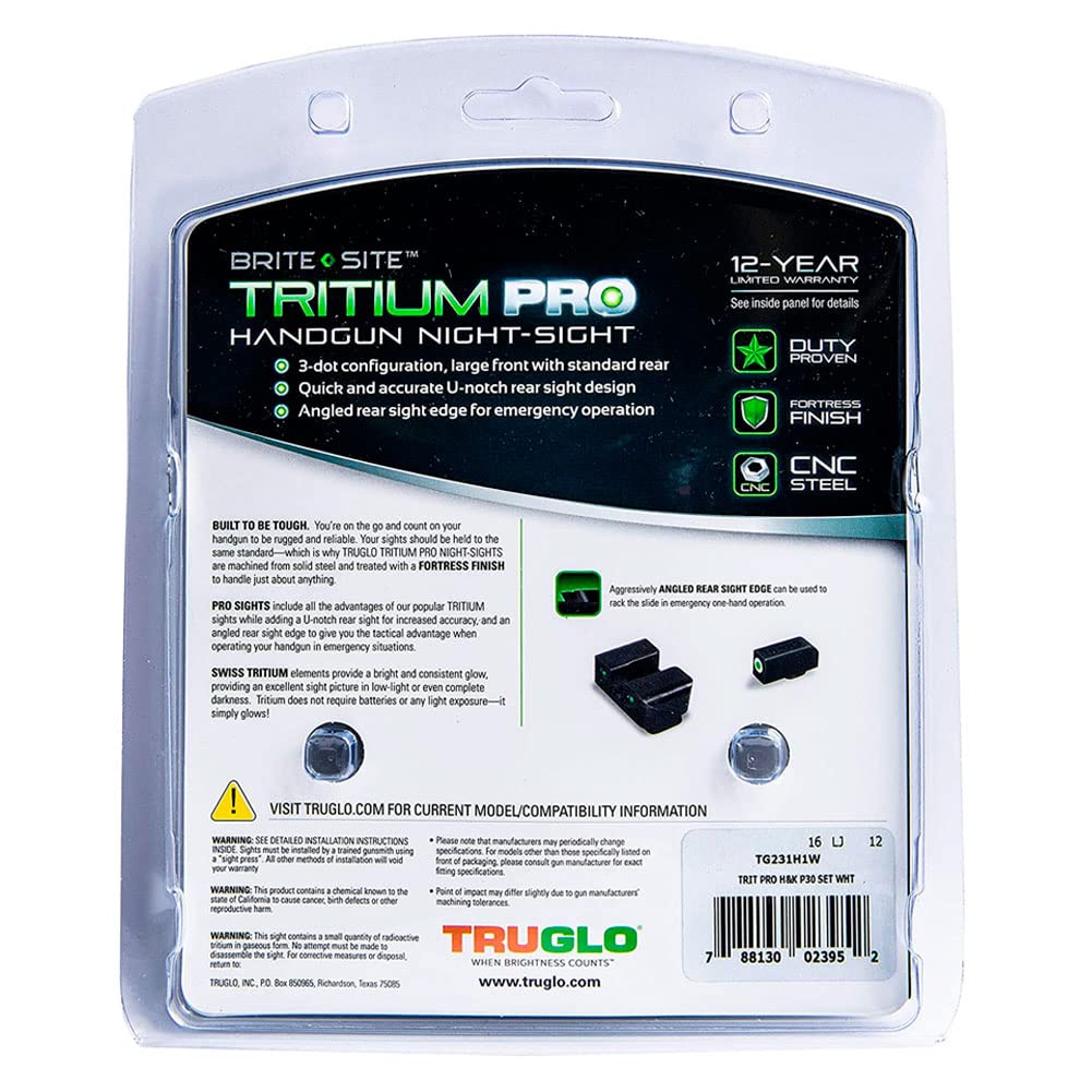 Tritium Pro Night Sights TRUGLO, Compatible with H&K VP9, VP40, P30SK, P30L, 45, & 45 Tactical (Including Compact) | Glow-in-The-Dark Front & Rear Gun Sight Set with White Focus Lock Front Ring