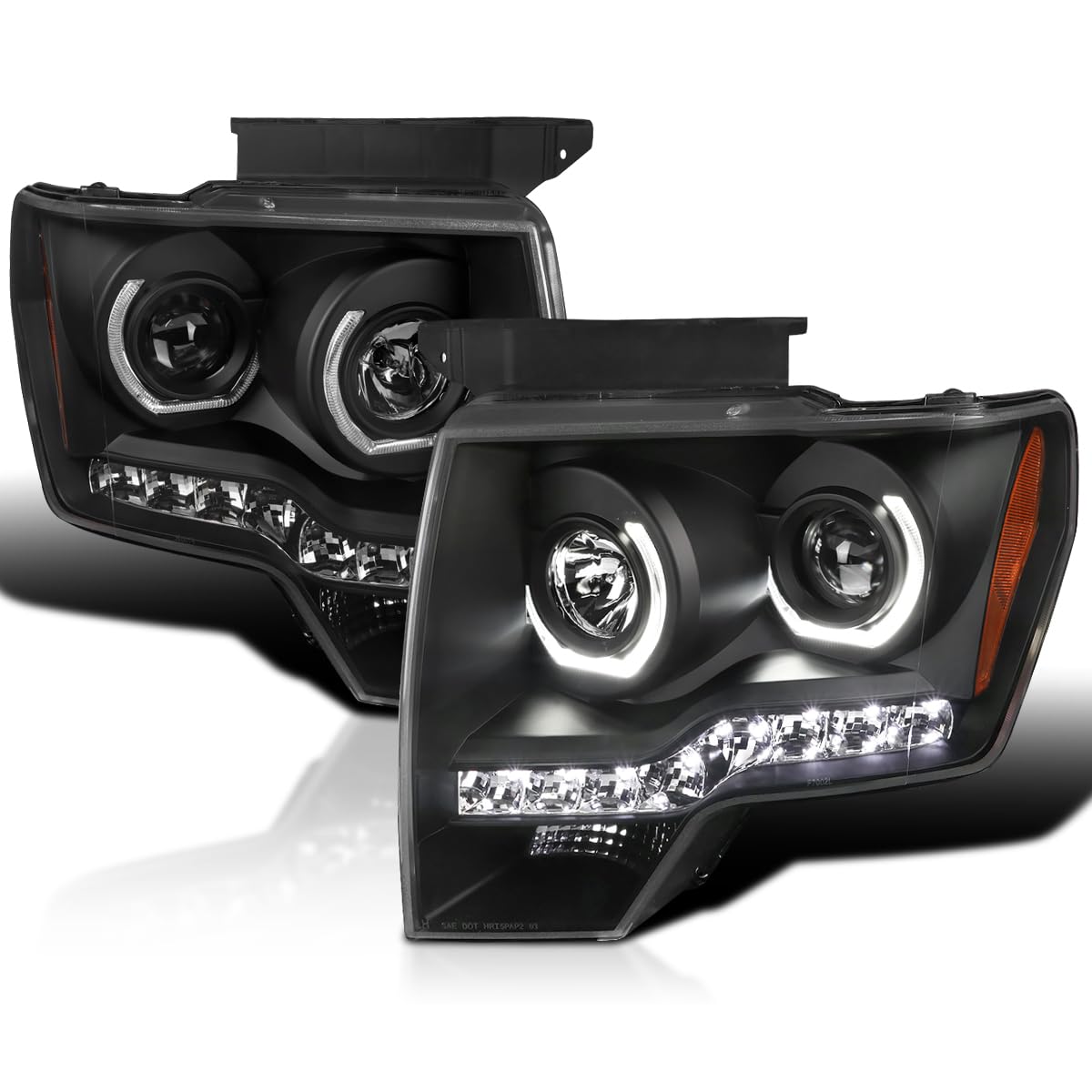 Dual U-Halo Rims Projector Headlights Spec-D Tuning Black Compatible with 2009-2014 Ford F150, Left + Right Pair Headlamps Assembly