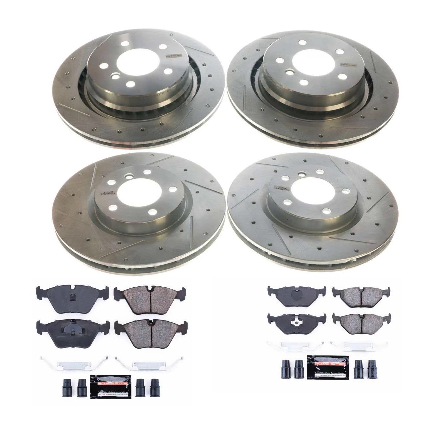 Power Stop K4229 Z23 Carbon Fiber Brake Pads Front and Rear with Drilled & Slotted Brake Rotors Kit and 1 Front & 1 Rear Sensor Wires For BMW M3 1995-1999 [Model Specific]