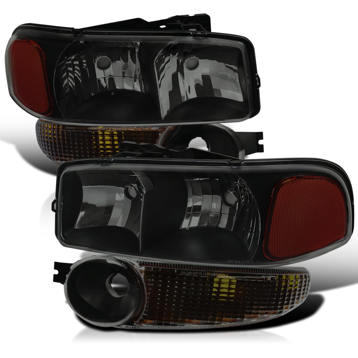 Black Smoke Headlights + Bumper Lamps Spec-D Tuning Compatible with 2000-2006 GMC Sierra 1500 2500 Yukon XL Denali, Left + Right Pair Assembly
