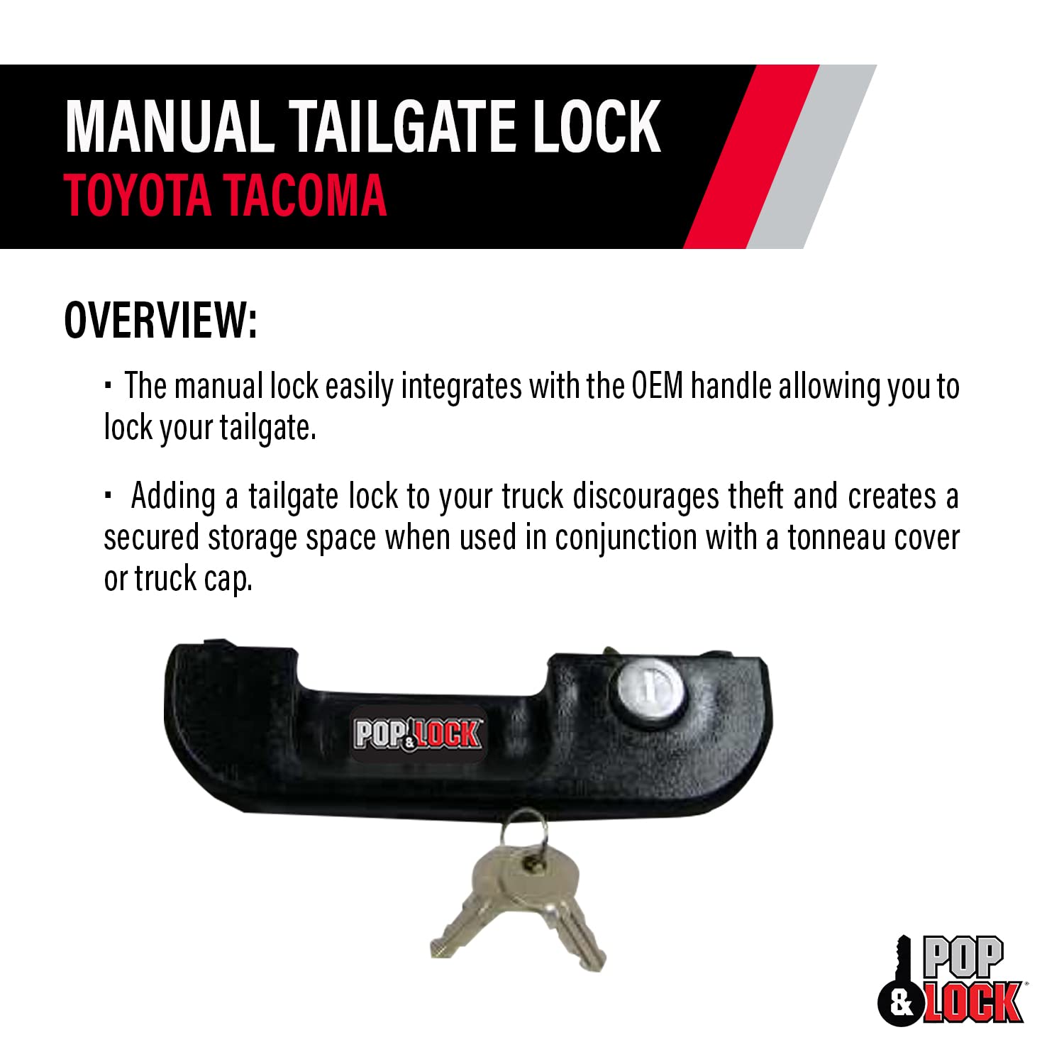 Manual Tailgate Lock – Pop & Lock for Toyota Tacoma, Fits 1995 to 2004 Models (Color Black, PL5100, Standard Lock)