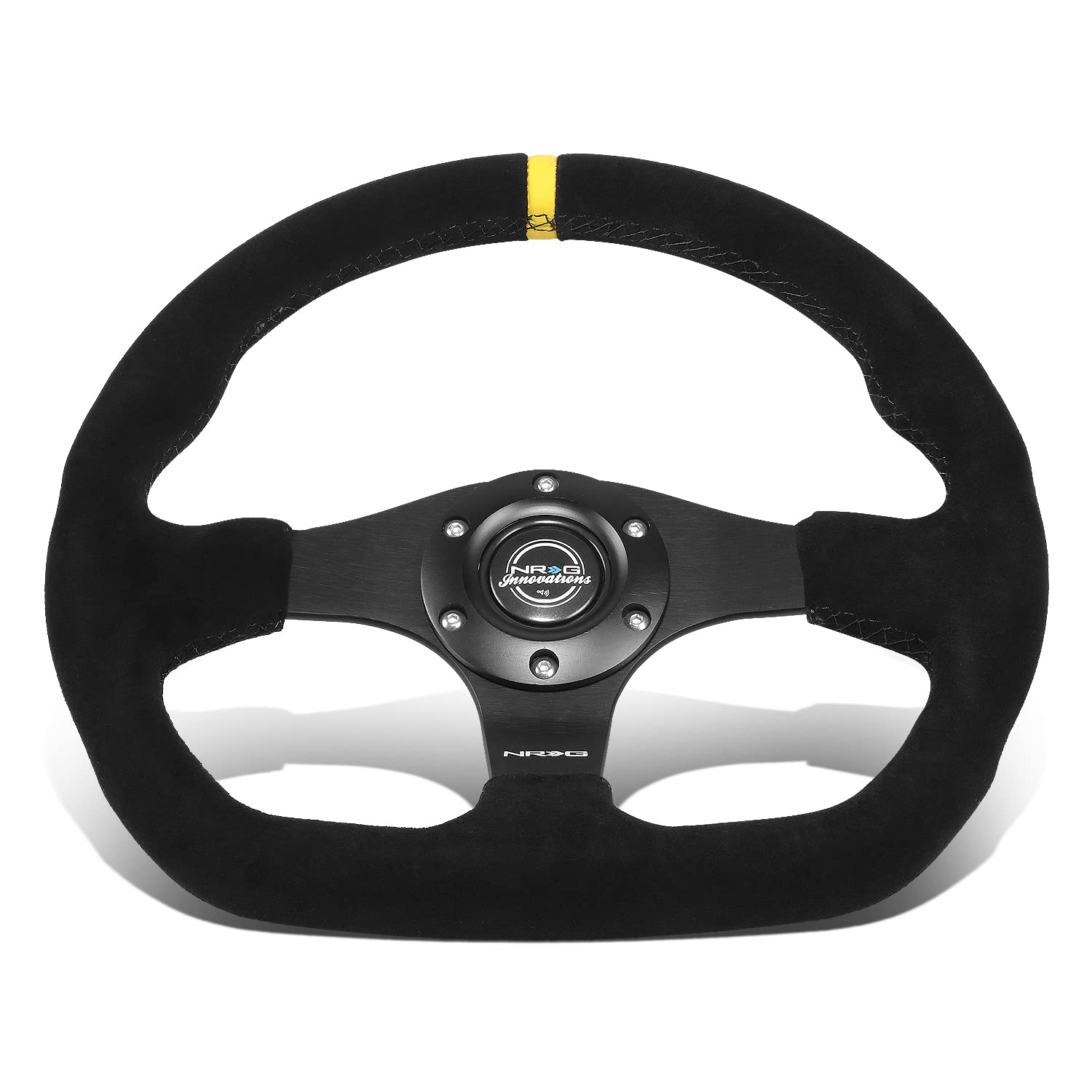 NRG Innovations Reinforced NRG-RST-024MB-S-Y Steering Wheel - 320mm Sport Suede Flat Bottom with Yellow Center Mark