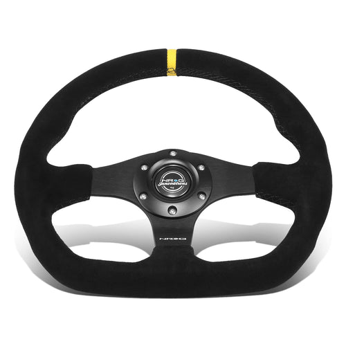 NRG Innovations Reinforced NRG-RST-024MB-S-Y Steering Wheel - 320mm Sport Suede Flat Bottom with Yellow Center Mark