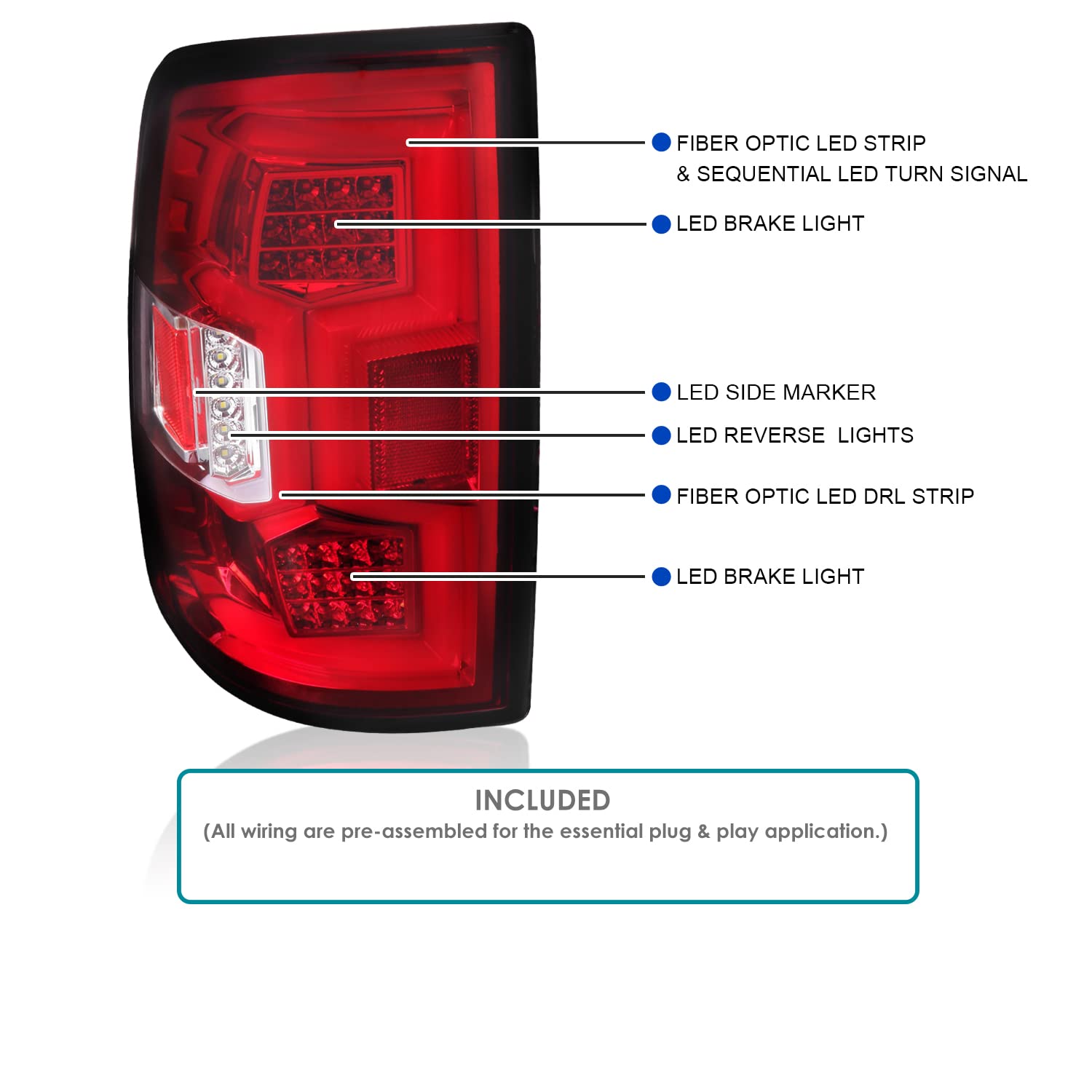Red Tail Lights SPEC-D TUNING w/Fiber Optic Sequential LED Turn Signal Lights Compatible with 2019-2024 Dodge Ram 2500/3500