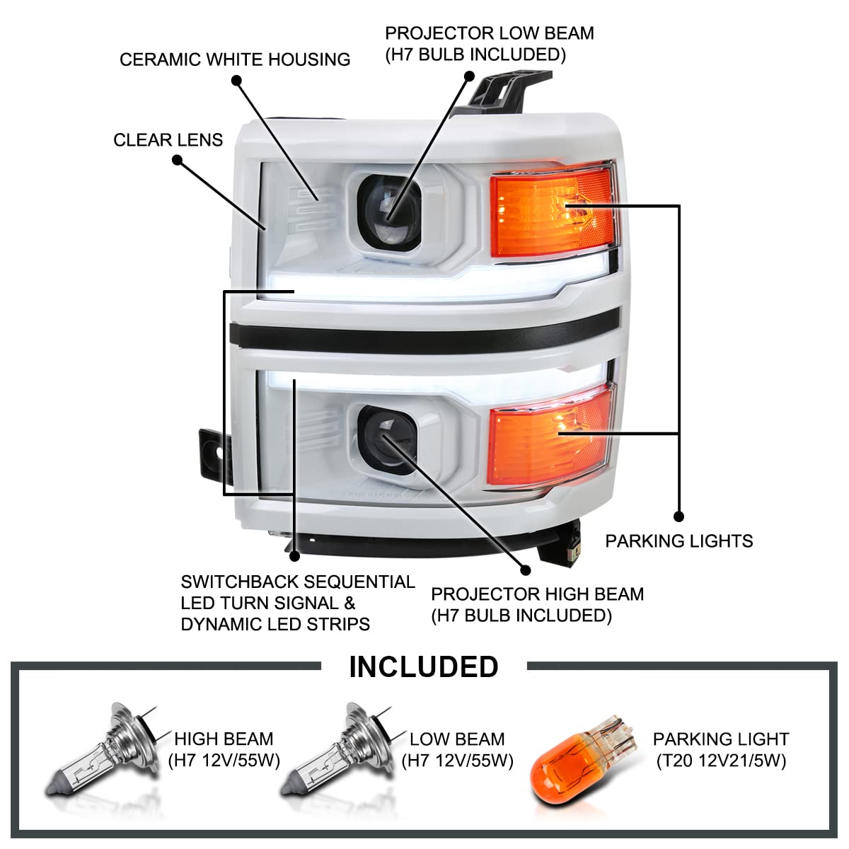 Special Edition SPEC-D TUNING Arctic White Projector Headlights w/Sequential Switchback LED Strip and Startup Animation Compatible with 2014-2015 Chevy Silverado 1500, Left + Right Pair Headlamps