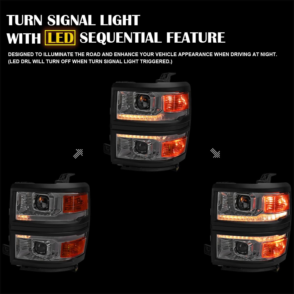 Chrome w/Black Trim SPEC-D TUNING Projector Headlights w/Sequential Switchback LED Strip and Startup Animation Compatible with 2014-2015 Chevy Silverado 1500, Left + Right Pair Headlamps Assembly