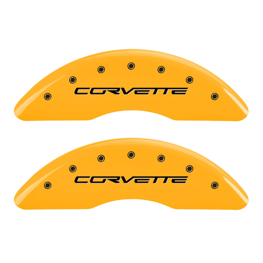 MGP 13083SCZ6YL Caliper Covers Yellow (Set of 4, Engraved Front: C6/Corvette - Engraved Rear: C6/Z06, Yellow powder coat finish, black characters)