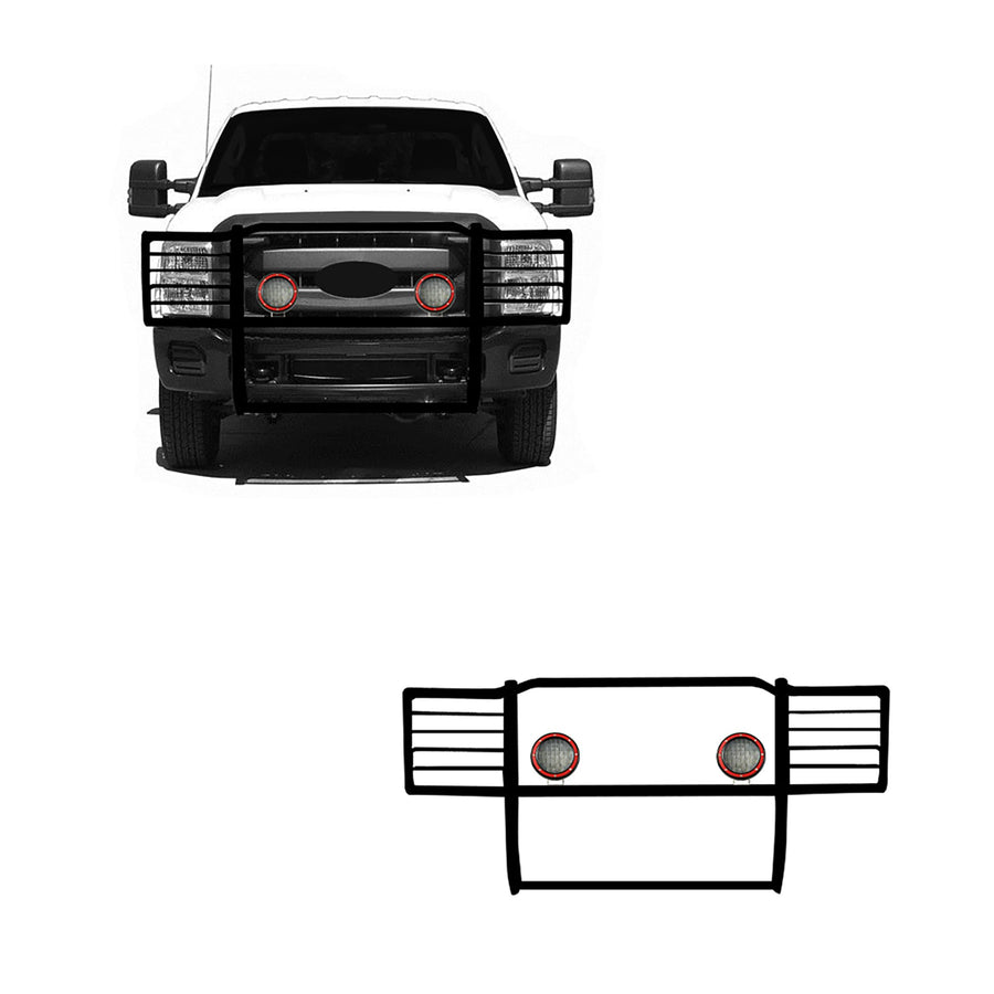 Bumper Guard Black Horse Grille brush Modular Come With Pair of 5.3"LED Lights with Red Trim Rings Compatible with 2011-2016 Ford F-250/Ford F-350/Ford F-450/Ford F-550 Super Duty-17FB26MA-PLFR