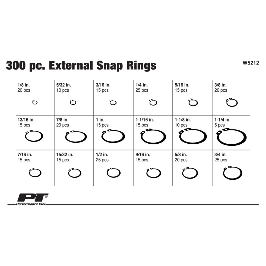 W5212 Performance Tool 300pc External Snap Ring Assortment,Black