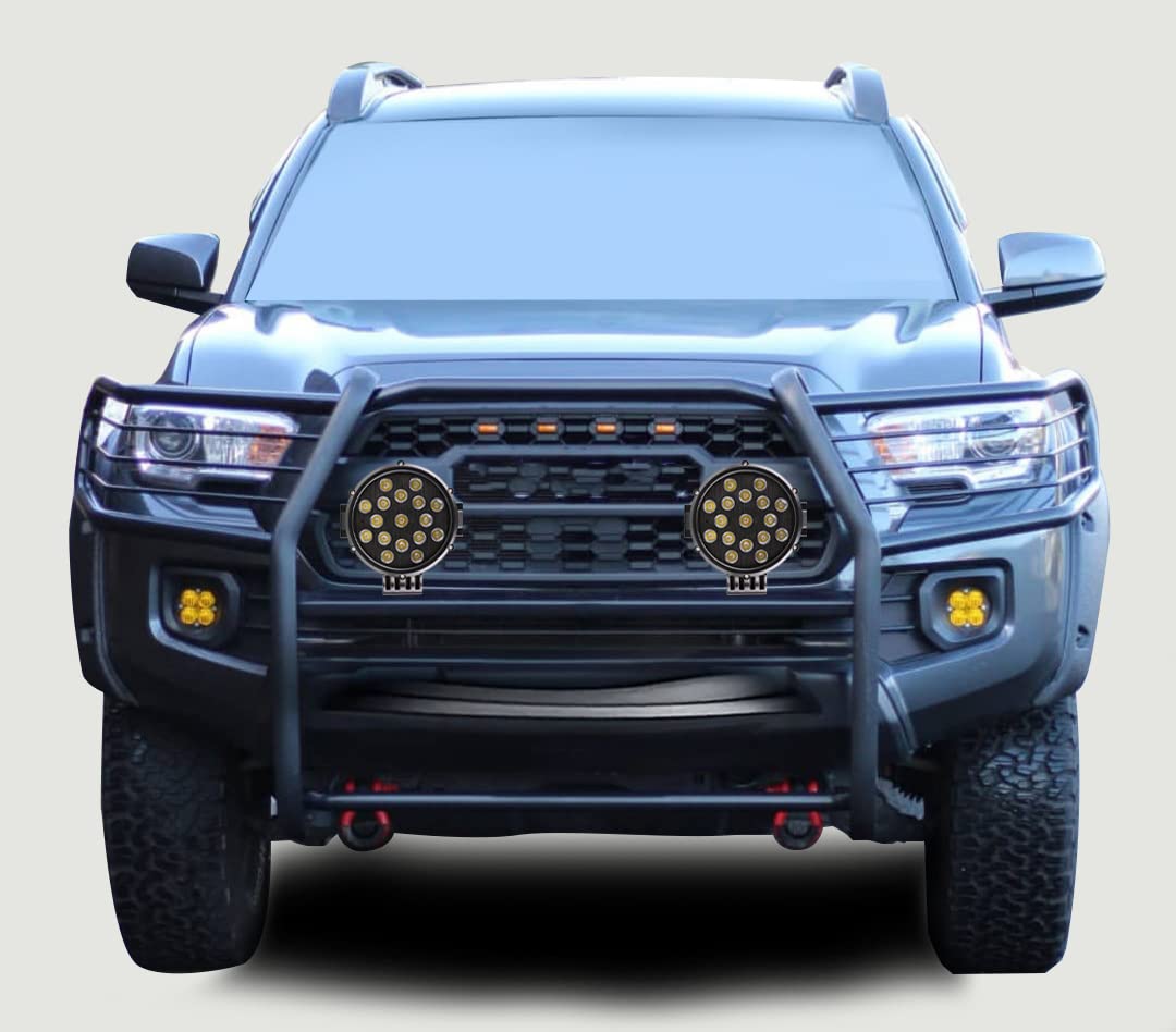 Bumper Guard Black Horse Grille Brush Modular Black Come with Pair of 7.0" Dia.LED Lights with Black Trim Rings Compatible with 2016-2023 Toyota Tacoma-17A096402MA-PLB