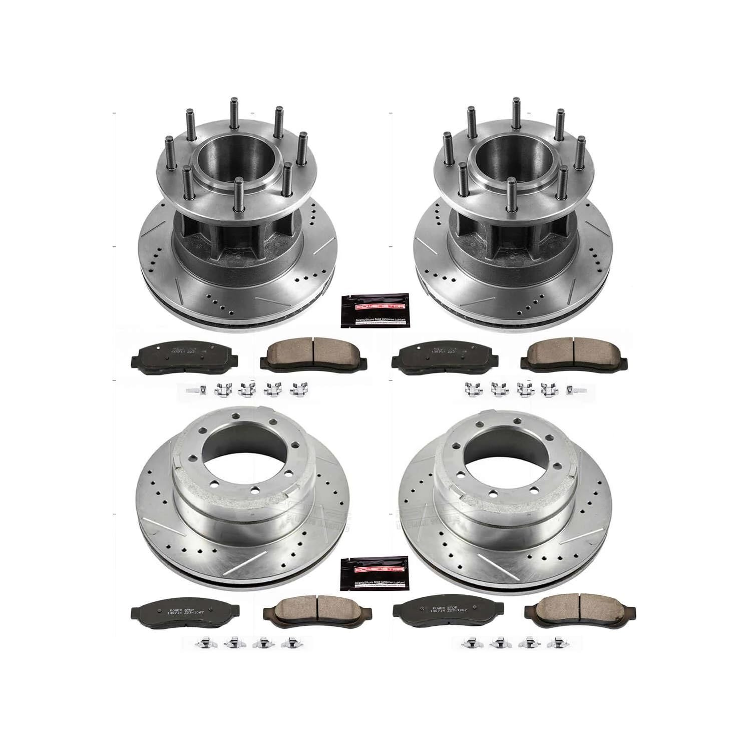 Power Stop K4034 Z23 Carbon Fiber Brake Pads Front and Rear with Drilled & Slotted Brake Rotors Kit For Ford F-350 Super Duty 2005-2007 [Model Specific]
