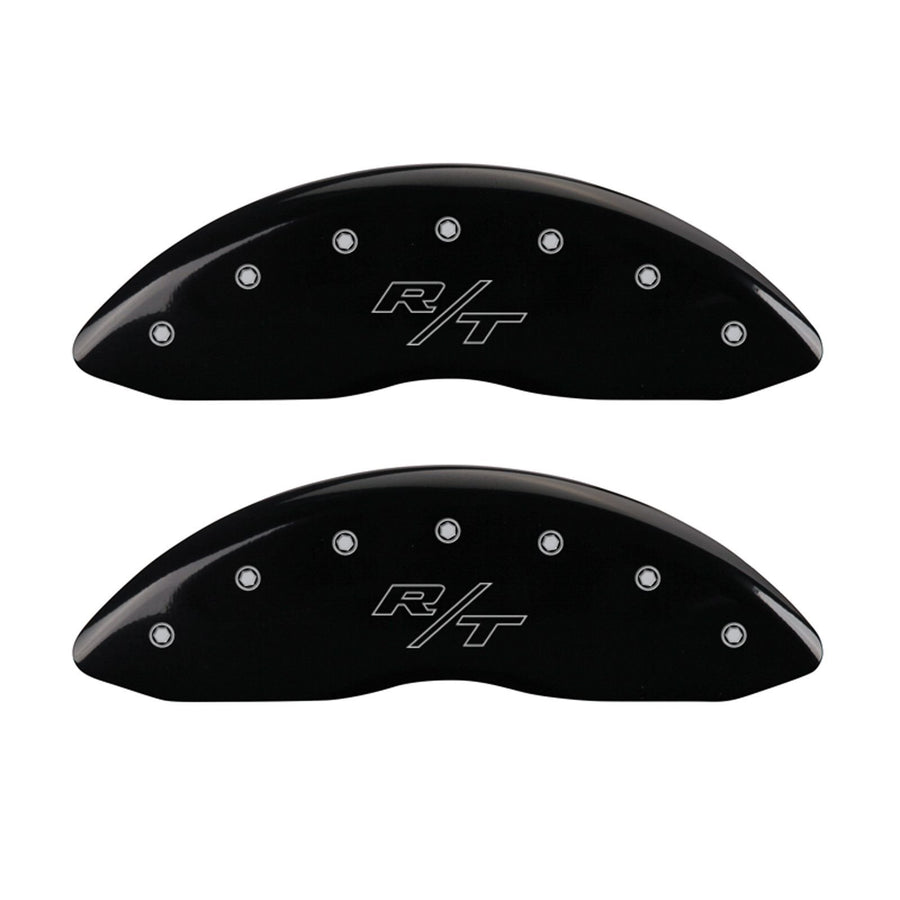 Brake Caliper Covers MGP - for 2011-2023 Dodge Challenger & 2011-2023 Dodge Charger (Requires Dual Piston Front Caliper) Front and Rear Set - Engraved R/T Vintage Logo (Black)