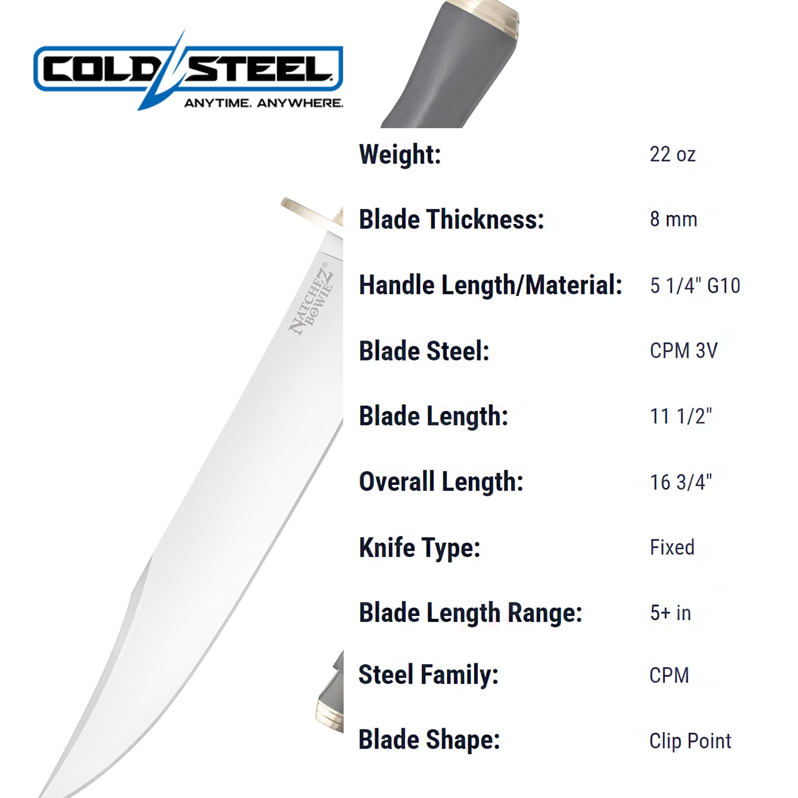 Natchez Bowie Cold Steel 11.5" CPM 3V Steel Razor-Sharp Clip Point Blade 5.25" G-10 Handle Fixed Blade Hunting Knife w/Sheath