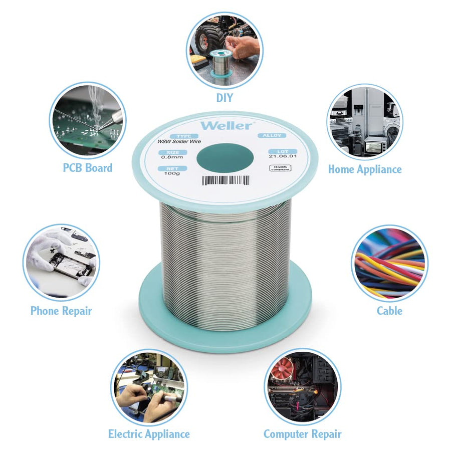 Weller M1 WSW SCN (T0051404999) Lead Free Solder Wire, Dia: 0.3; 0.5; 0.8 mm / 0.012; 0.020; 0.031 in, Wt: 21 g / 0.740 oz, Alloy Sn99.3Cu0.6Ni0.05, Flux content 3.5%