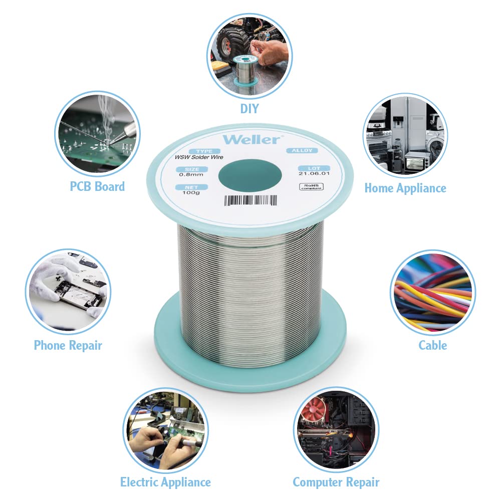 Weller WSW M1 SAC (T0051386570) Lead Free Solder Wire, Dia: 0.2 mm / 0.008 in, Wt: 10 g / 0.353 oz, Alloy Sn96.5Ag3.0Cu0.5, Flux content 3.5%