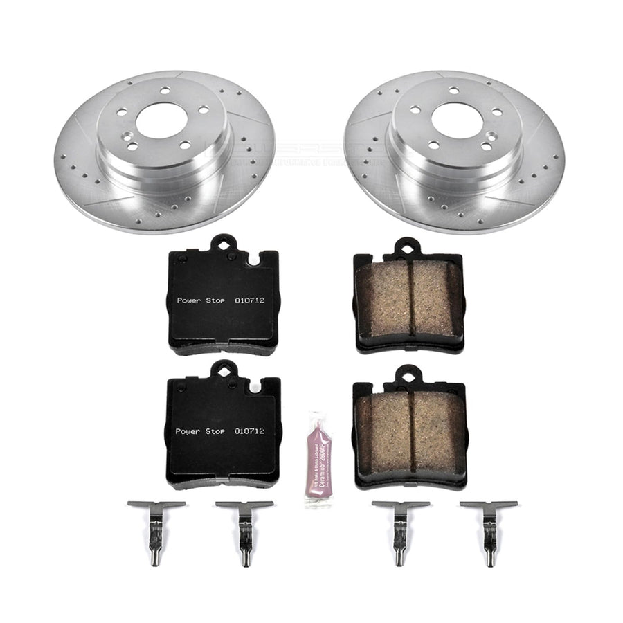 Power Stop K6697 Z23 Carbon Fiber Brake Pads Rear with Drilled & Slotted Brake Rotors Kit For Mercedes-Benz CLK430 2000-2003 [Model Specific]
