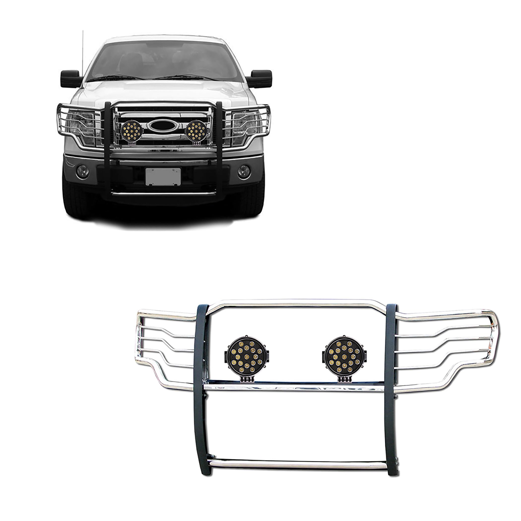 Bumper Guard Black Horse Grille brush Modular Stainless Steel Come With pair of 7.0"Dia.LED Lights with Black Trim Rings Compatible with 2009-2014 Ford F-150-17FP30MSS-PLB