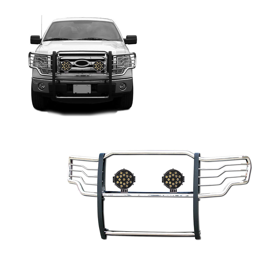 Bumper Guard Black Horse Grille brush Modular Stainless Steel Come With pair of 7.0"Dia.LED Lights with Black Trim Rings Compatible with 2009-2014 Ford F-150-17FP30MSS-PLB