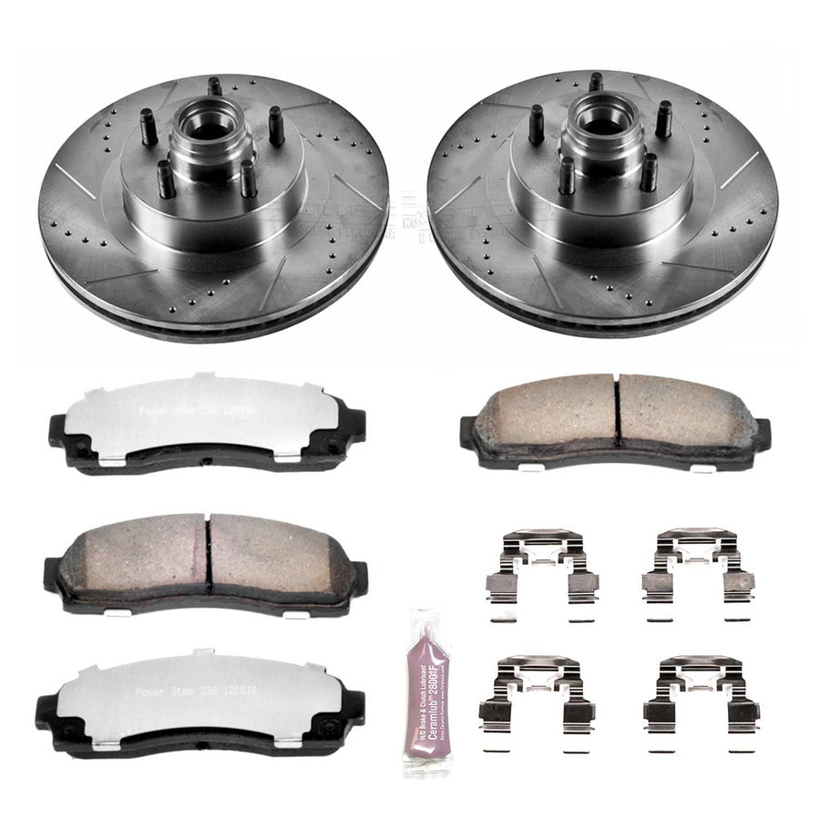 Power Stop Front Brake Kit For 2001 2002 2003 Sport Ford Explorer - Truck & Tow Carbon Fiber Ceramic Brake Pads & Drilled and Slotted Rotors Replacement, K1920-36