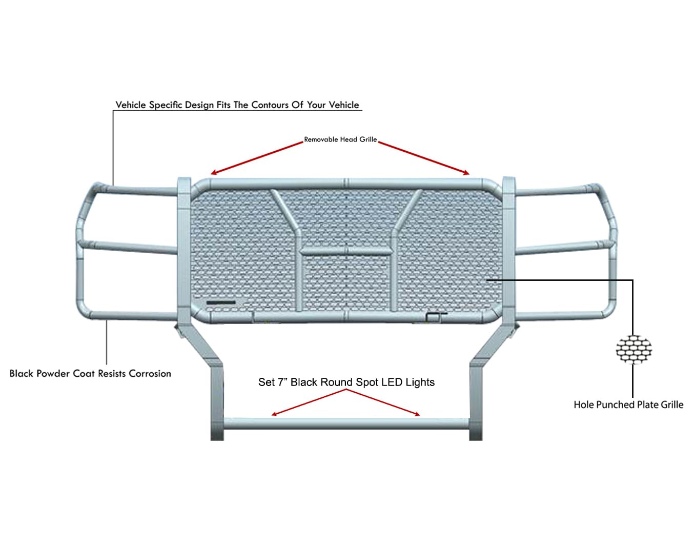 Heavy Duty Black Horse RUGGED Grille Brush Bumper Guard Modular Come With pair of 7.0"Dia.LED Lights with Black Trim Rings Compatible with 2017-2024 Nissan Titan-RU-NITI17-B-PLB