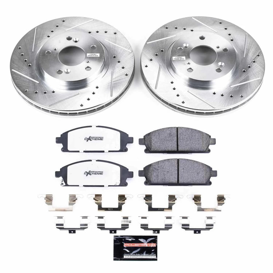 Power Stop Front Brake Kit For 2003 2004 2005 2006 MDX Acura - Truck & Tow Carbon Fiber Ceramic Brake Pads & Drilled and Slotted Rotors Replacement, K2290-36