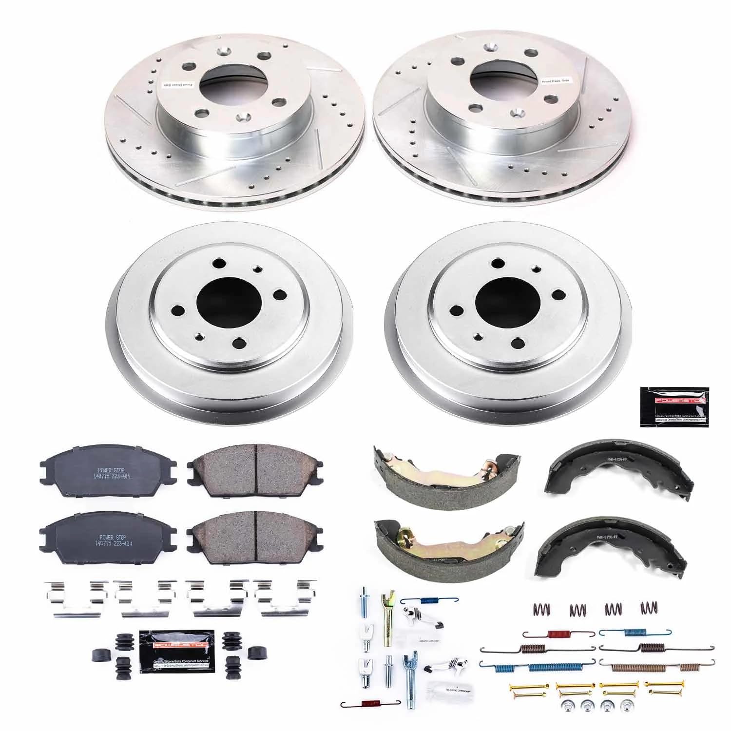 Power Stop K15155DK Z23 Carbon Fiber Brake Pads Front and Rear with Drilled & Slotted Brake Drums Kit For Hyundai Accent 2004-2005 [Model Specific]