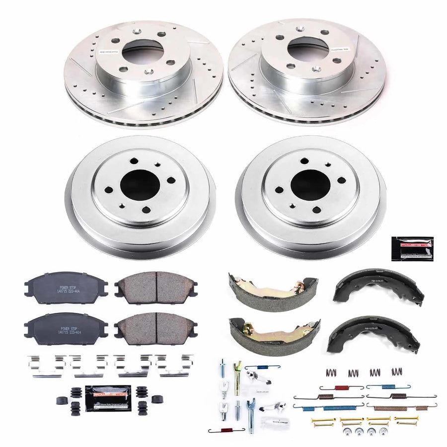 Power Stop K15155DK Z23 Carbon Fiber Brake Pads Front and Rear with Drilled & Slotted Brake Drums Kit For Hyundai Accent 2004-2005 [Model Specific]