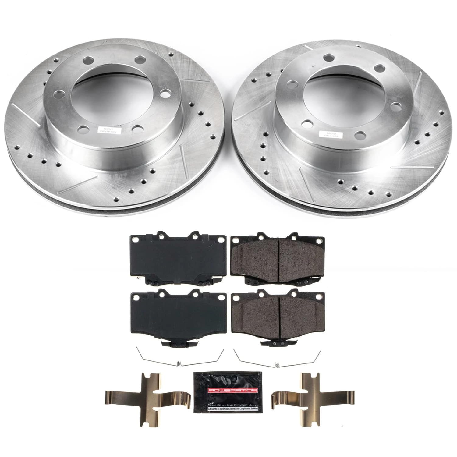 Power Stop K1233 Brake Kit Front Z23 Carbon-Fiber Ceramic Brake Pads and Drilled Slotted Rotors For 1995-2002 Toyota 4Runner [Models with 297mm Front Rotors Only] | 1998-2004 Toyota Tacoma 6 Lug