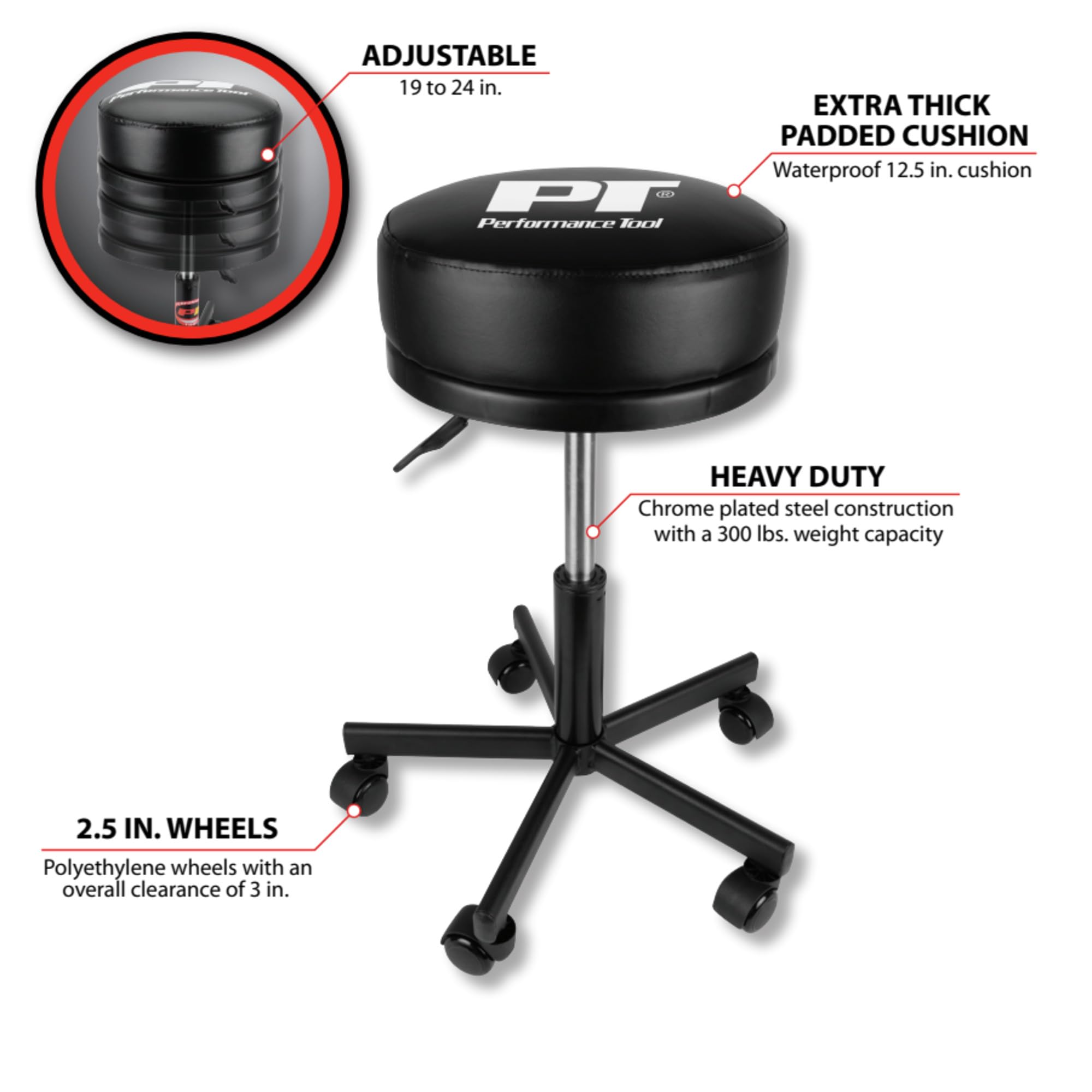 W85033 Performance Tool Extra-Thick Big Top Pneumatic Rolling Shop Stool for Mechanic Garages and Workshops, Black, 19x19x18.5-Inches