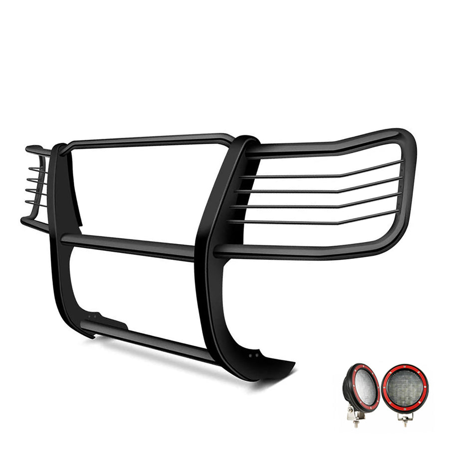 Bumper Guard Modular Black Black Horse Grille Brush Come with Pair of 5.3" Dia.LED Lights with Red Trim Rings Compatible with 2017-2024 Nissan Titan-17NR27MA-PLFR